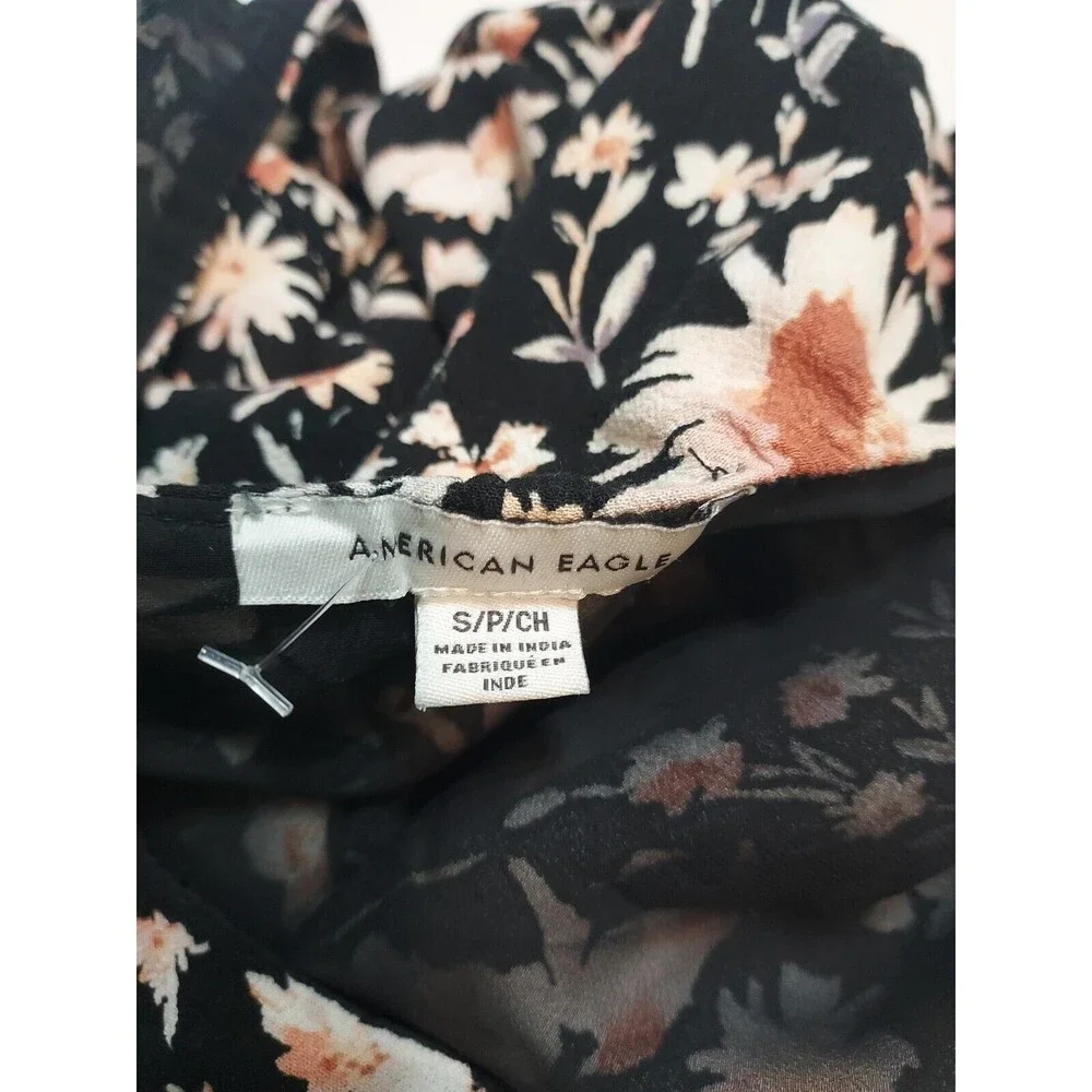 American Eagle Babydoll Dress Mini Short Tie Back Puff Sleeve Black Floral S‎